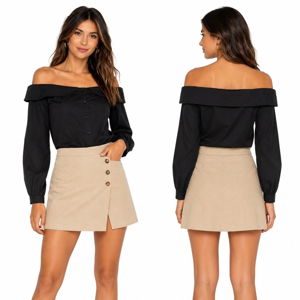 Revolve L'Academie The Nina Black Shirt Button Up Off The Shoulder XS